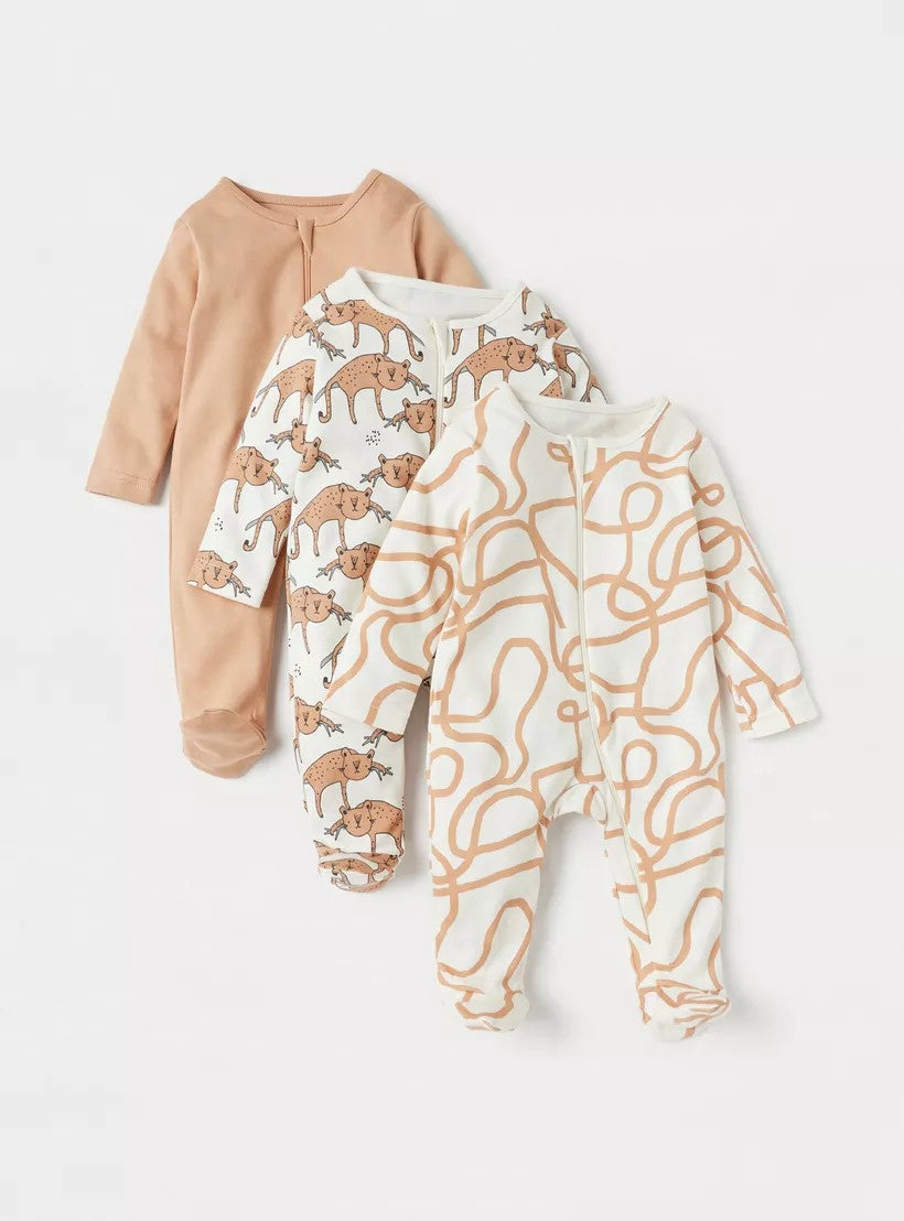 Babyshop - Juniors Printed Long Sleeves Sleepsuit with Zip Closure- Set of 3 - BSH160