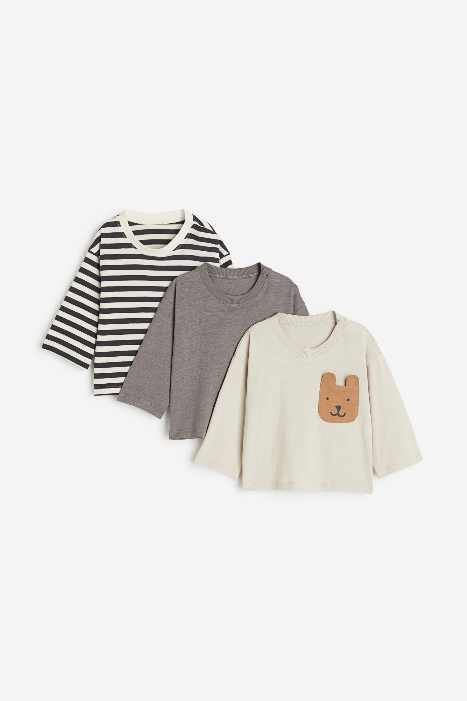 H&M - 3-pack cotton jersey tops - Light greige/Bear  - HM1001
