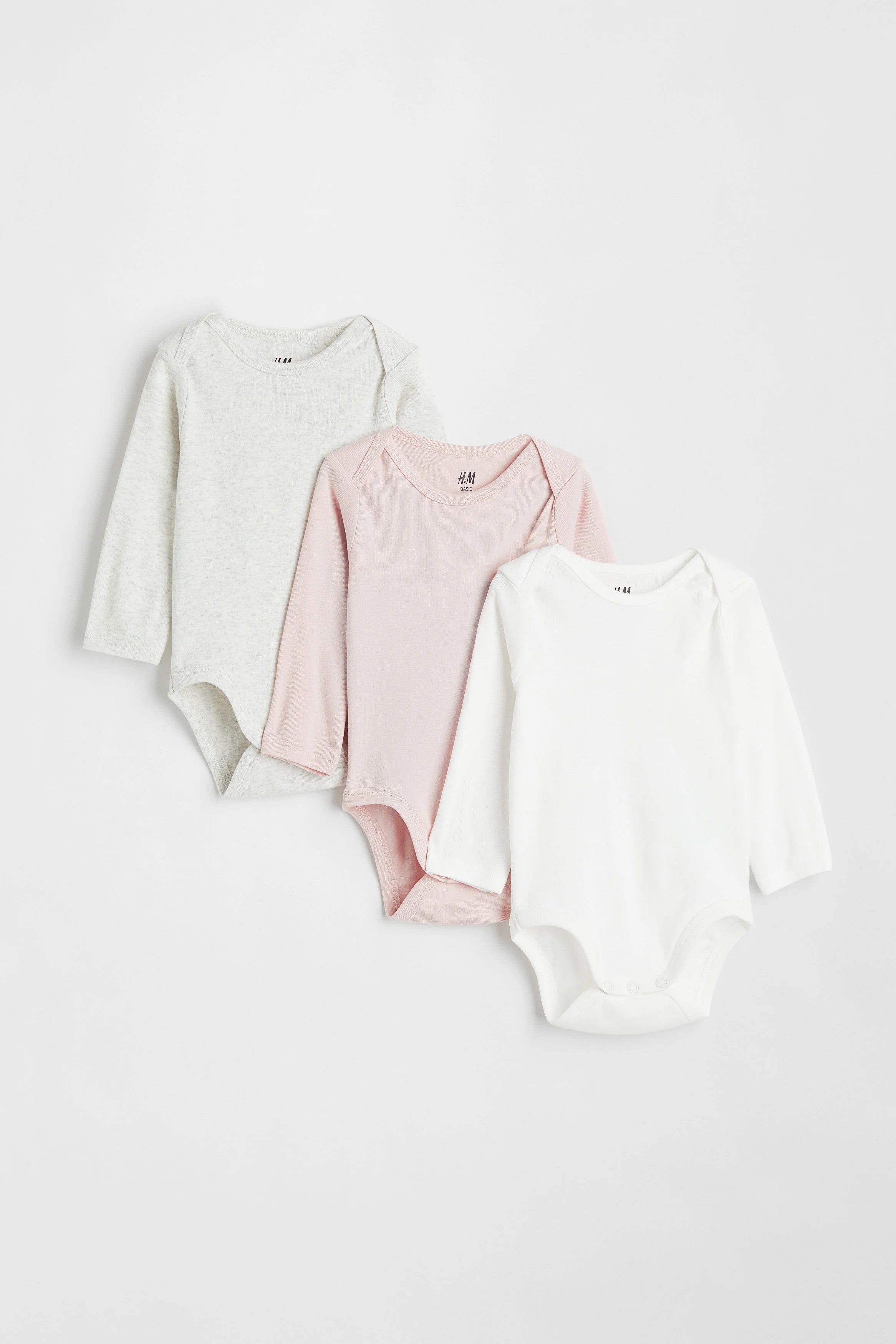H&M - 3-pack long-sleeved cotton bodysuits - Light pink/White - HM521