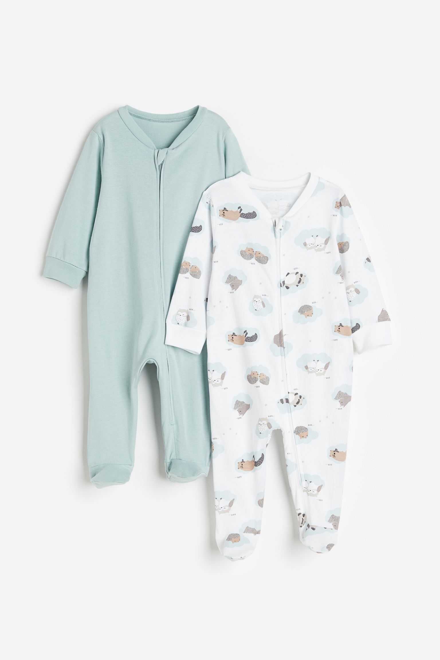 H&M - 2-pack zip-up sleepsuits - White/Sleeping animals  - HM524