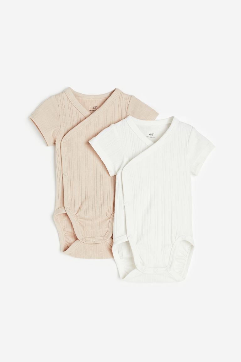 H&M - 2-pack wrapover bodysuits - Light beige/White - HM628