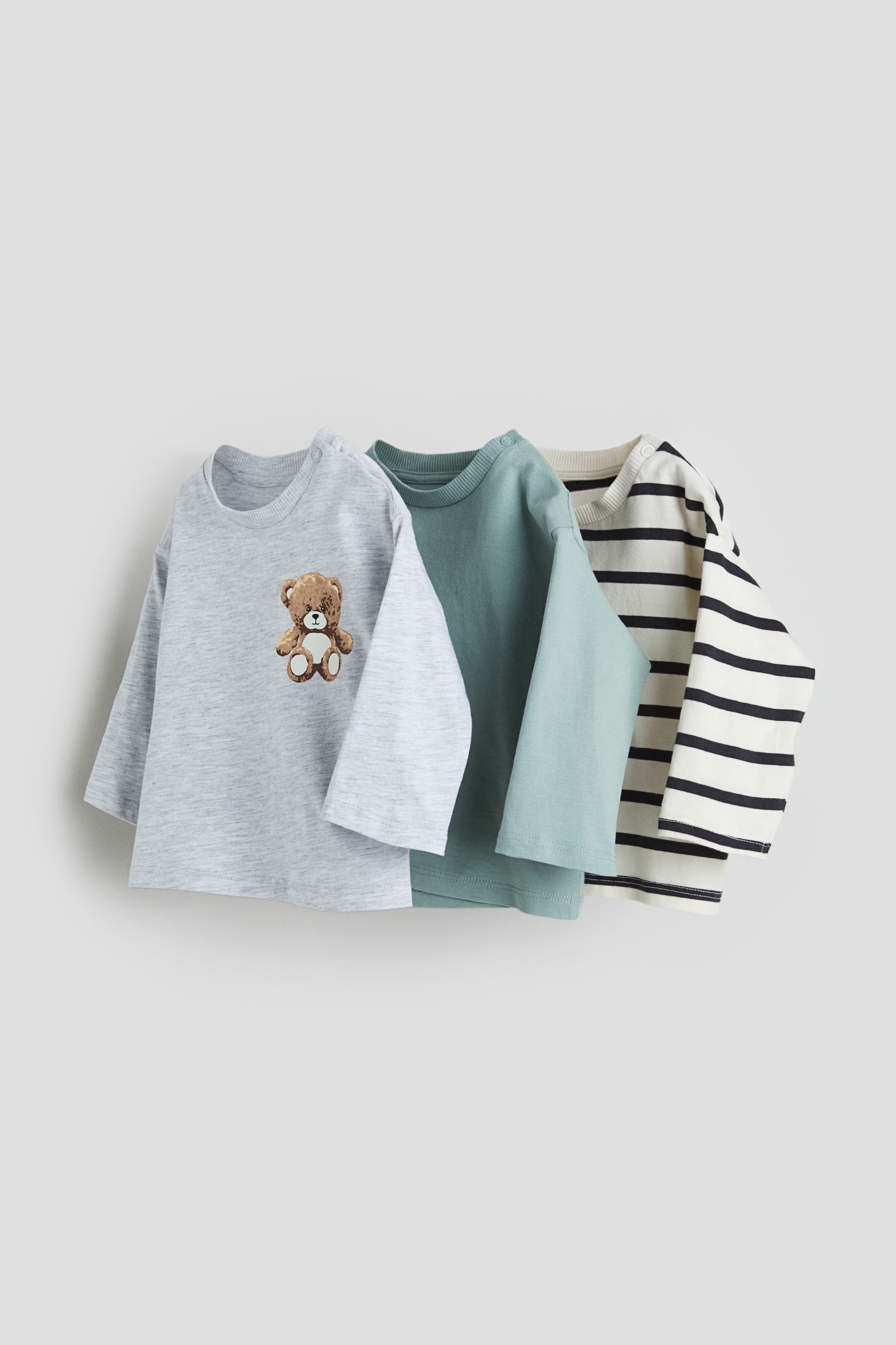 H&M - 3-pack Cotton Jersey Shirts - Light dusty green/Teddy Bear - HM794
