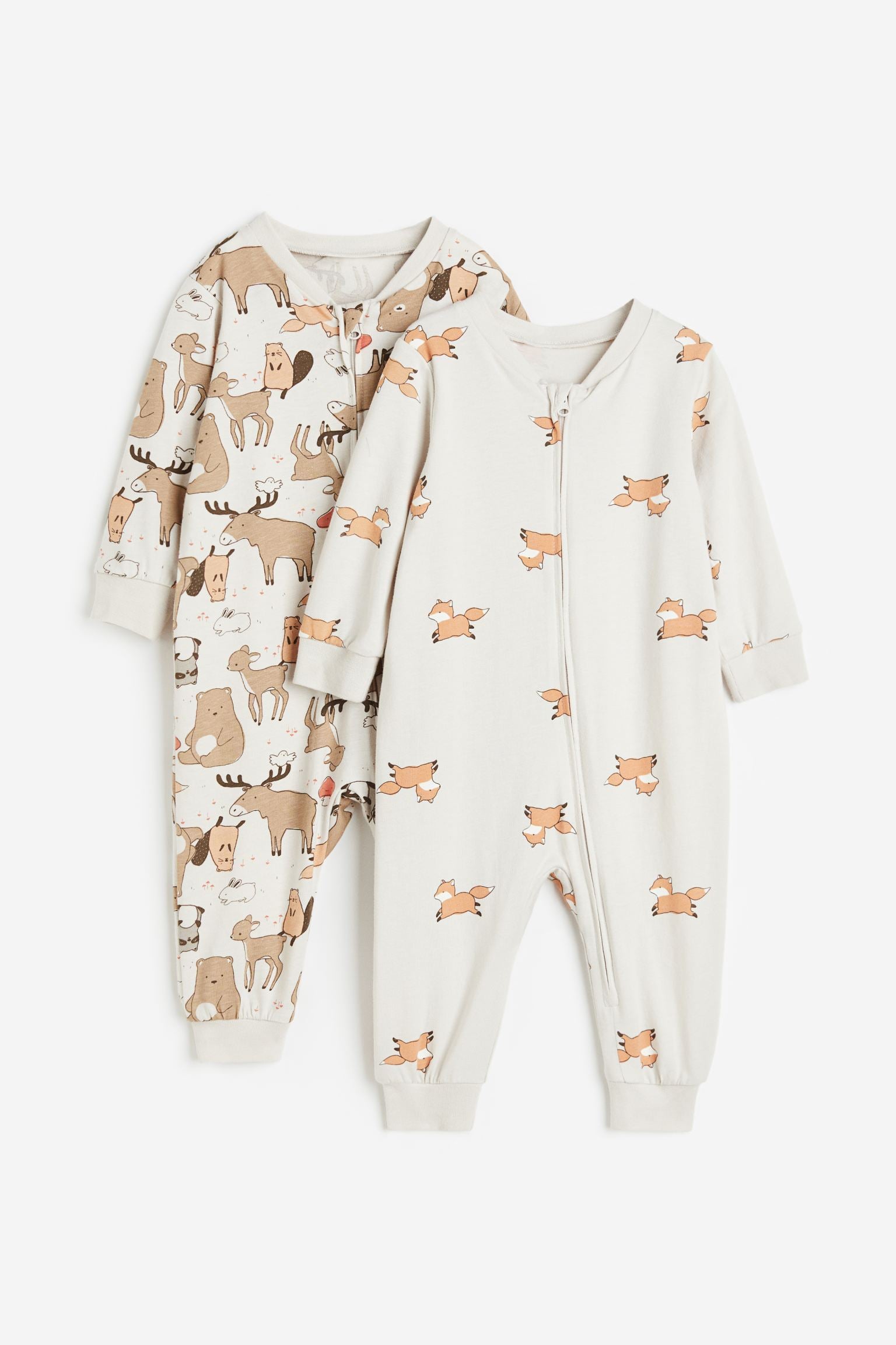 H&M - 2-pack Patterned Cotton Pajamas - Light taupe/animals  - HM797