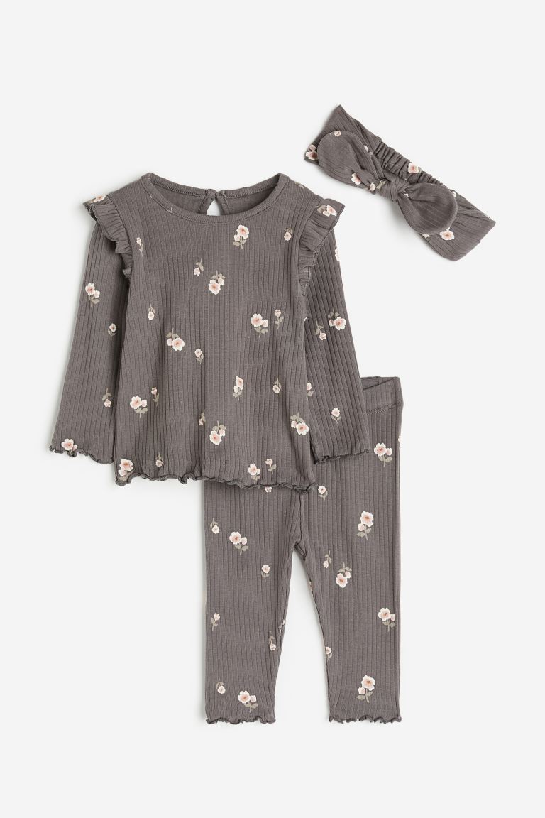 H&M - 3-piece ribbed set- Dark grey/Floral - HM852