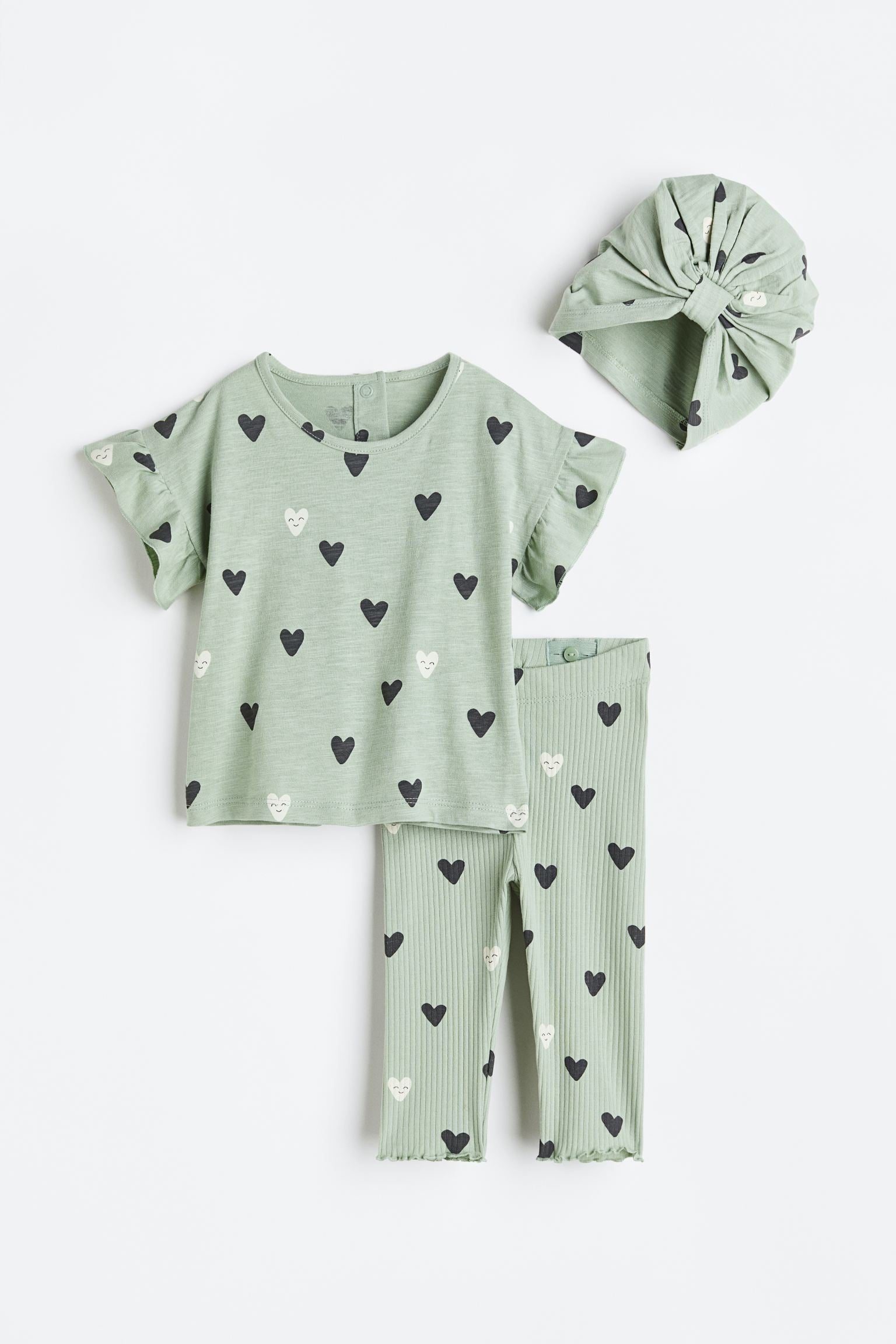 H&M - 3-piece jersey set - Mint green/Hearts - HM855