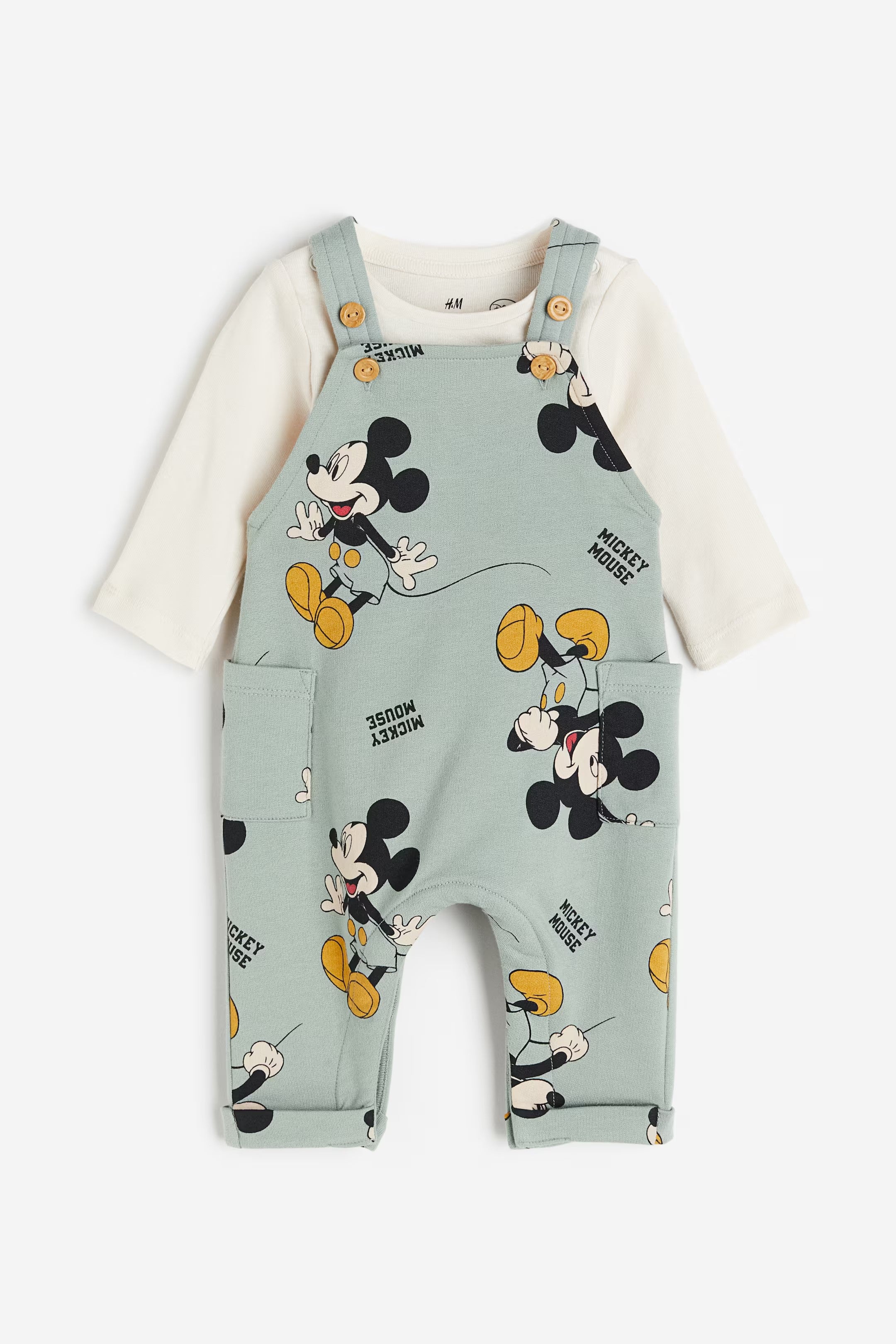 H&M - Cotton set, 2 pcs - Light khaki green/Mickey Mouse - HM885