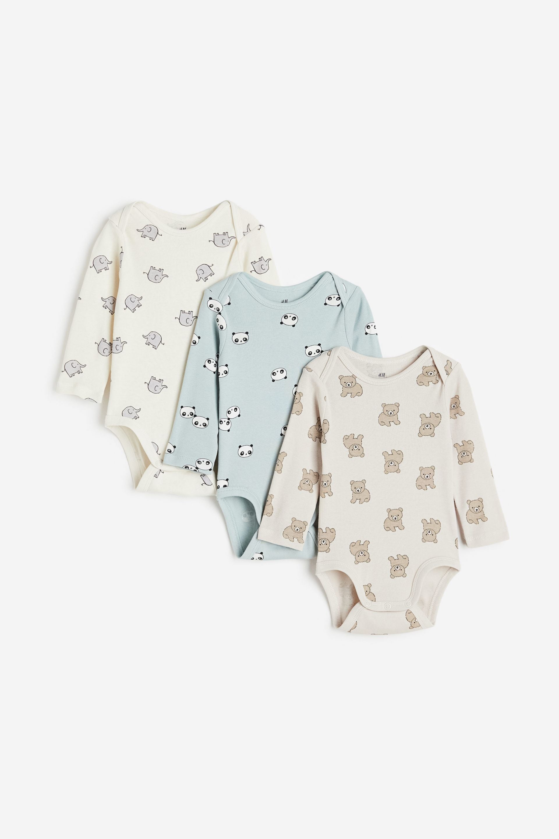 H&M - 3-pack long-sleeved bodysuits - Light beige/Animals  - HM892