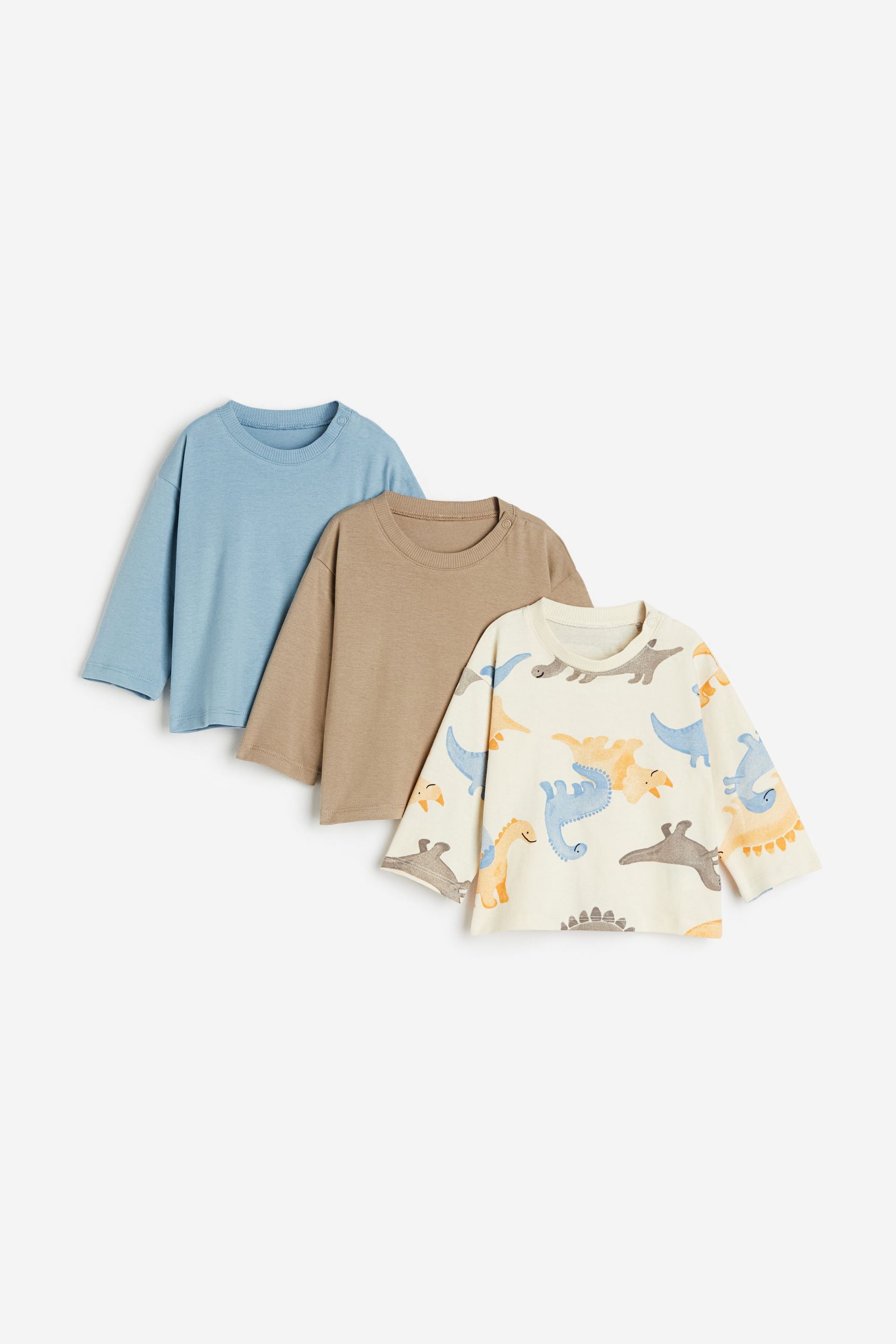 H&M - 3-pack cotton jersey tops - Light beige/Dinosaurs  - HM894