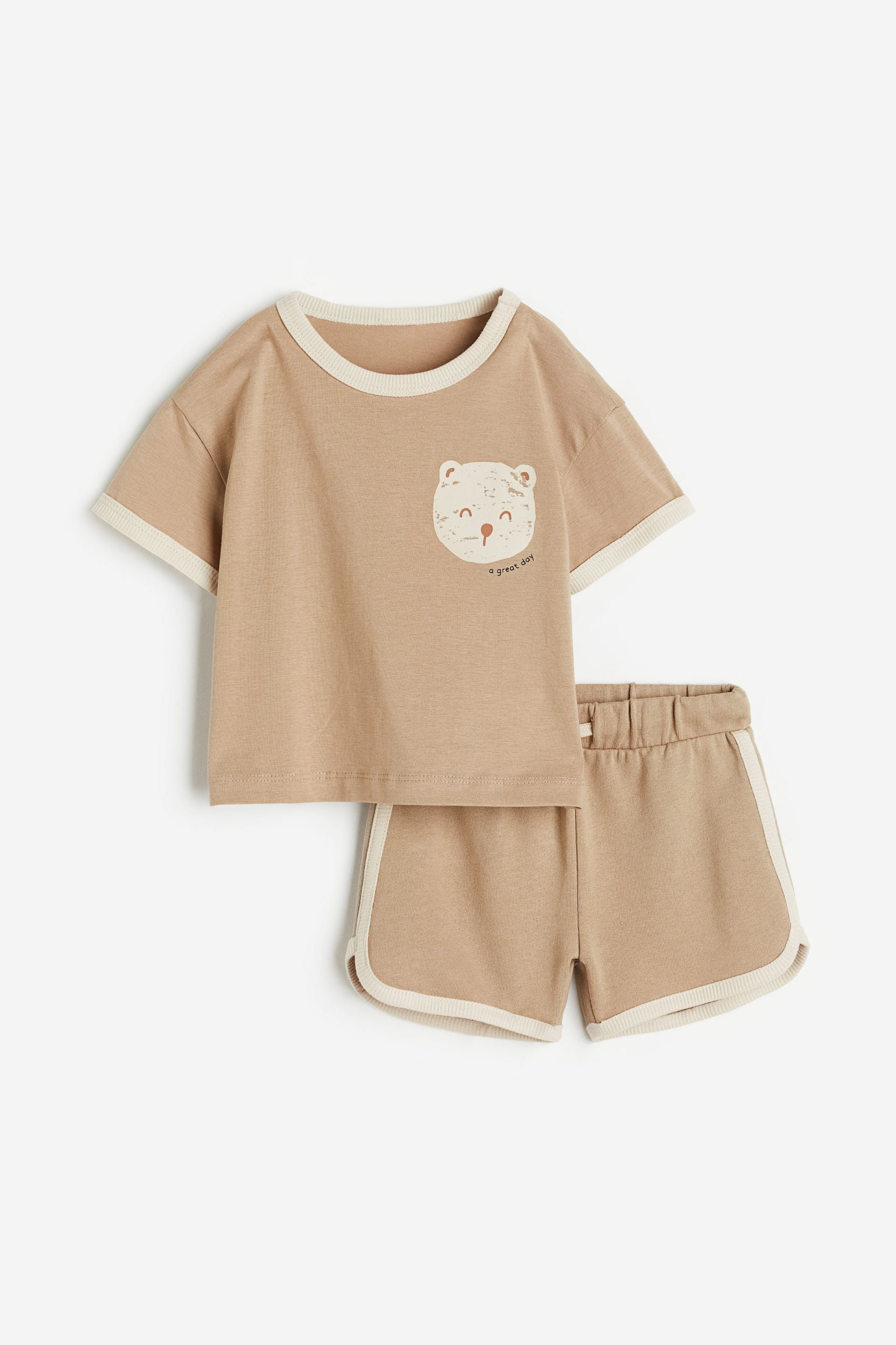 H&M - 2-piece T-shirt and shorts set - Beige/Bear - HM911