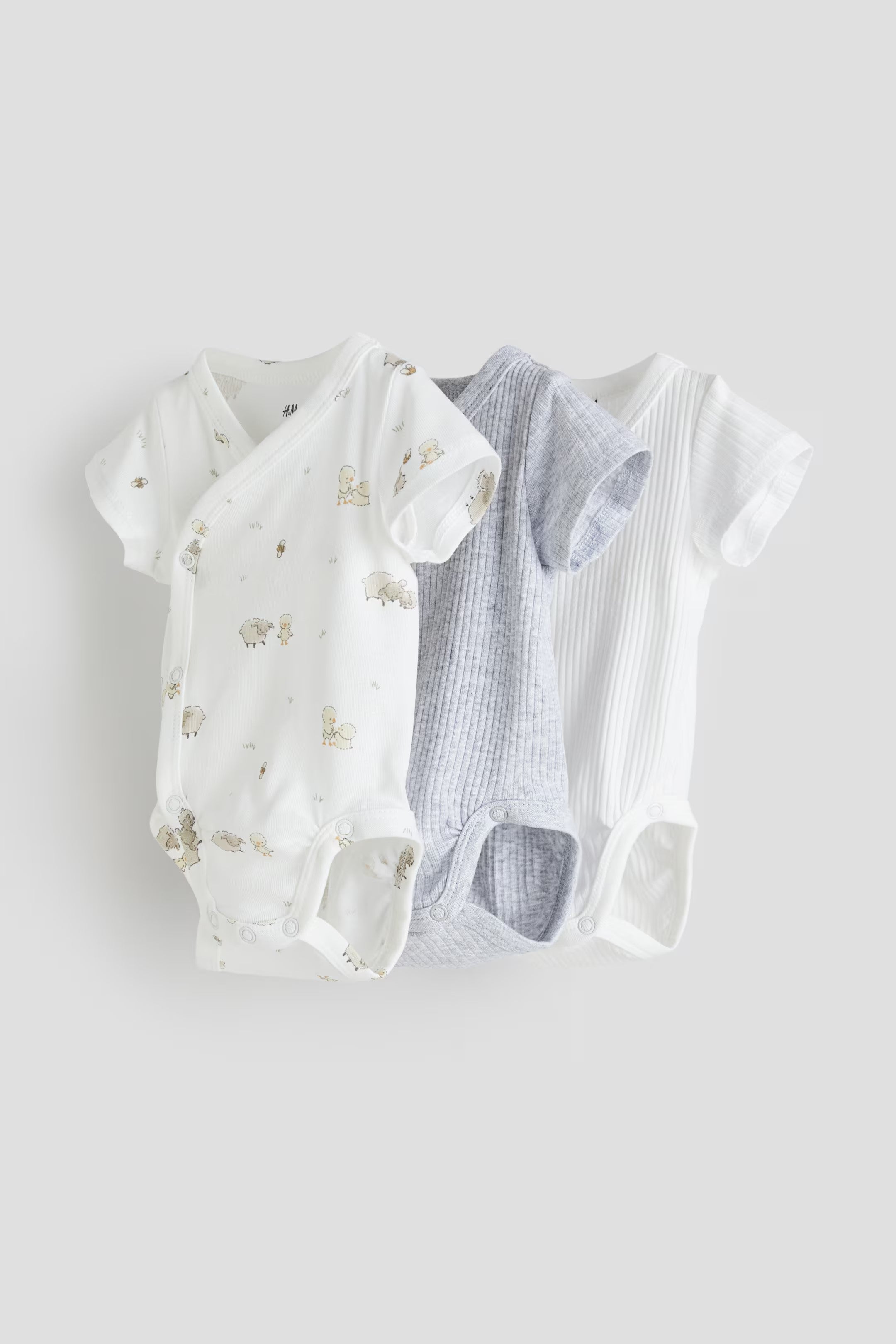 H&M - 3-pack Wrapover Bodysuits - White/animals - HM943