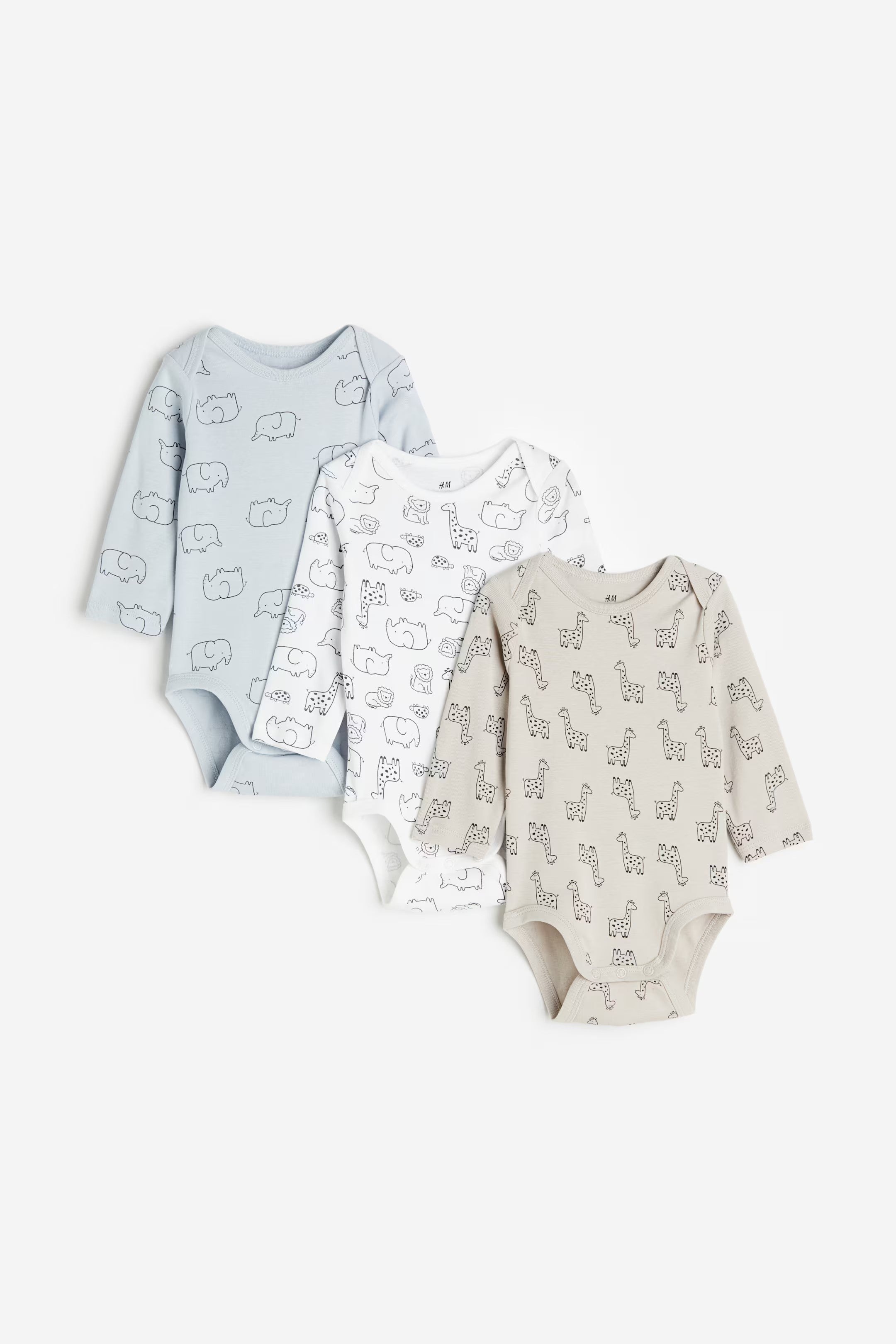 H&M - 3-pack Long-sleeved Bodysuits - Light blue/giraffes - HM956