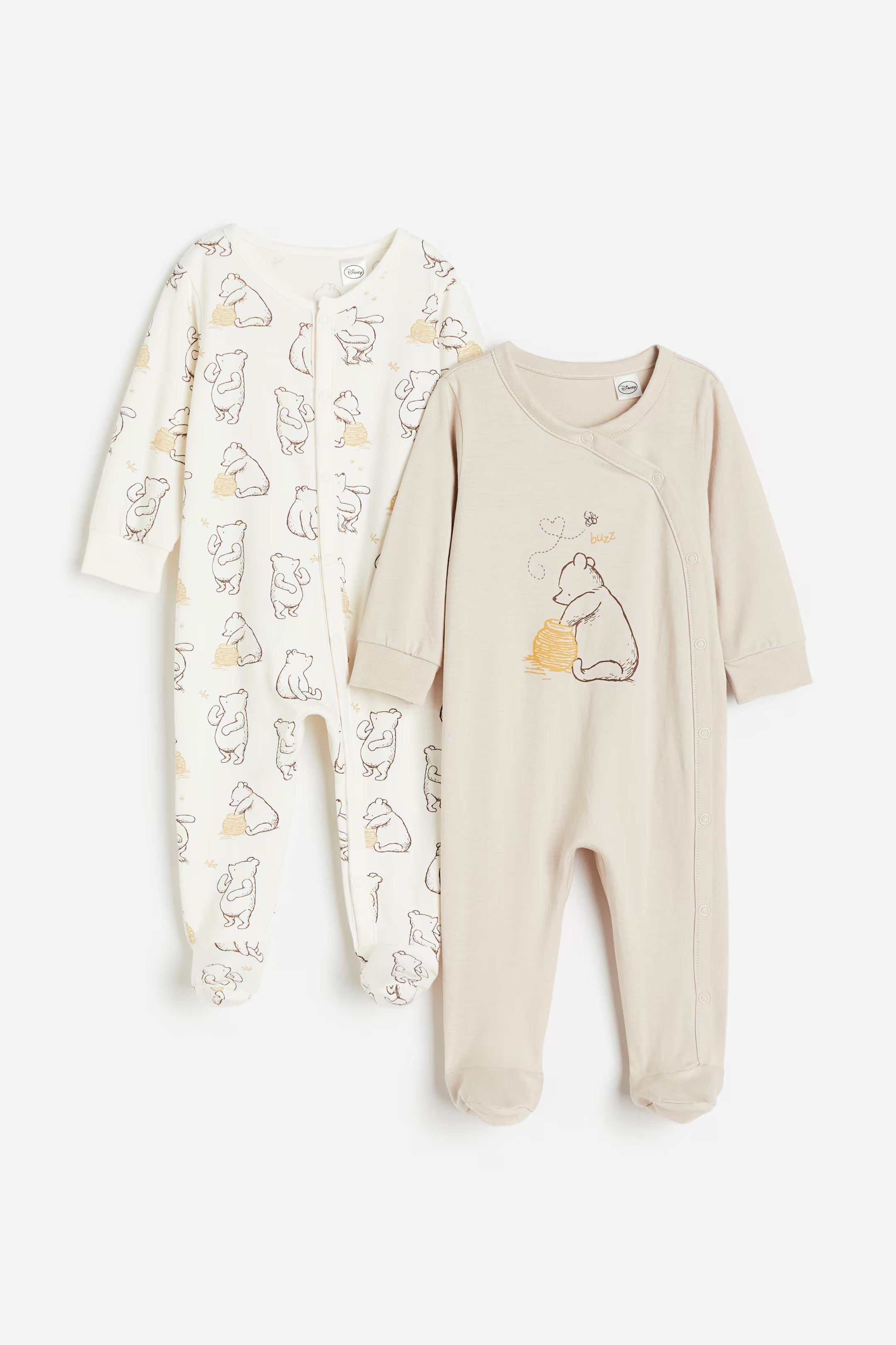 H&M - 2-pack sleepsuits with full feet - Light beige/Winnie the Pooh - HM957