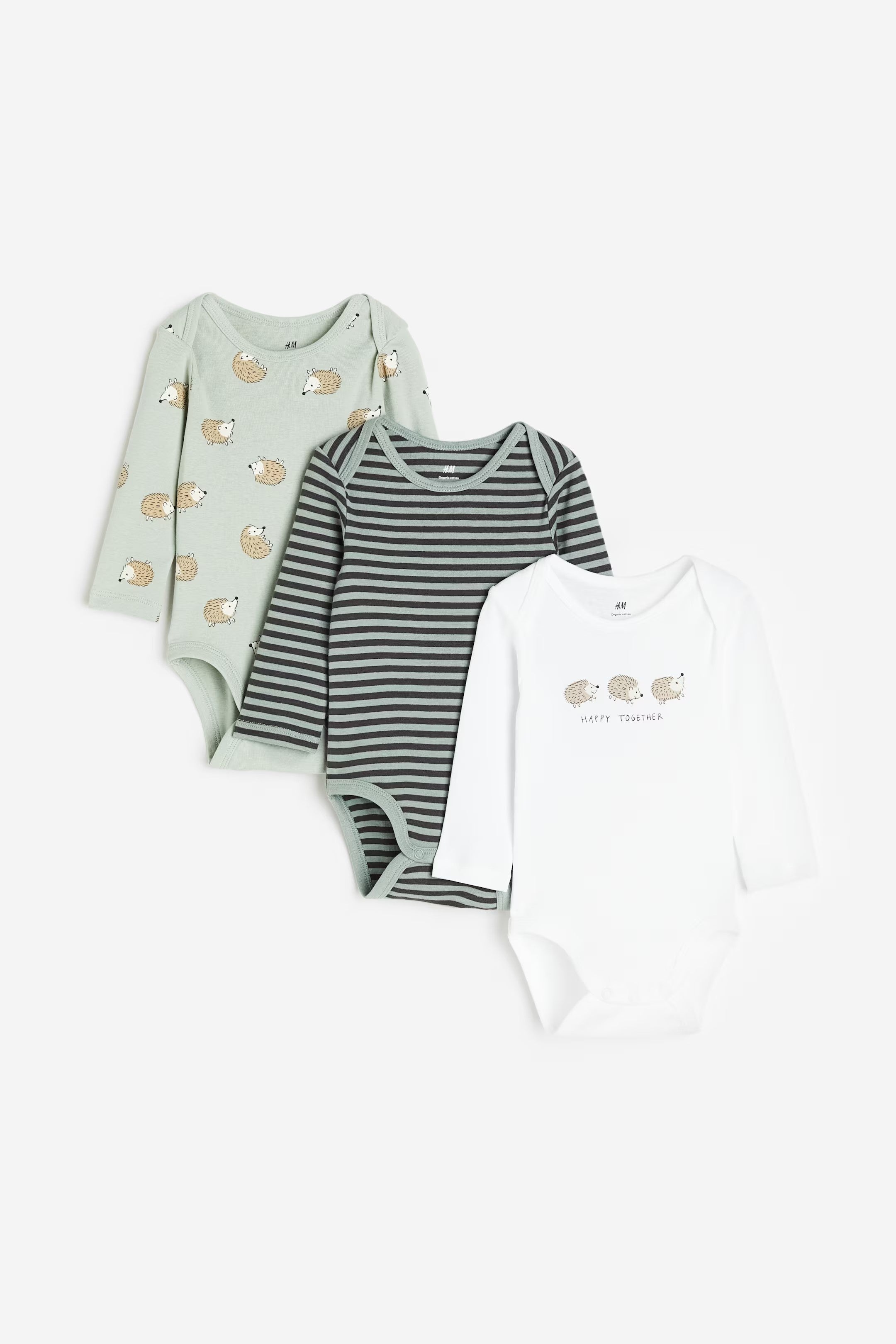 H&M - 3-pack Long-sleeved Bodysuits - Light green/Hedgehogs - HM969