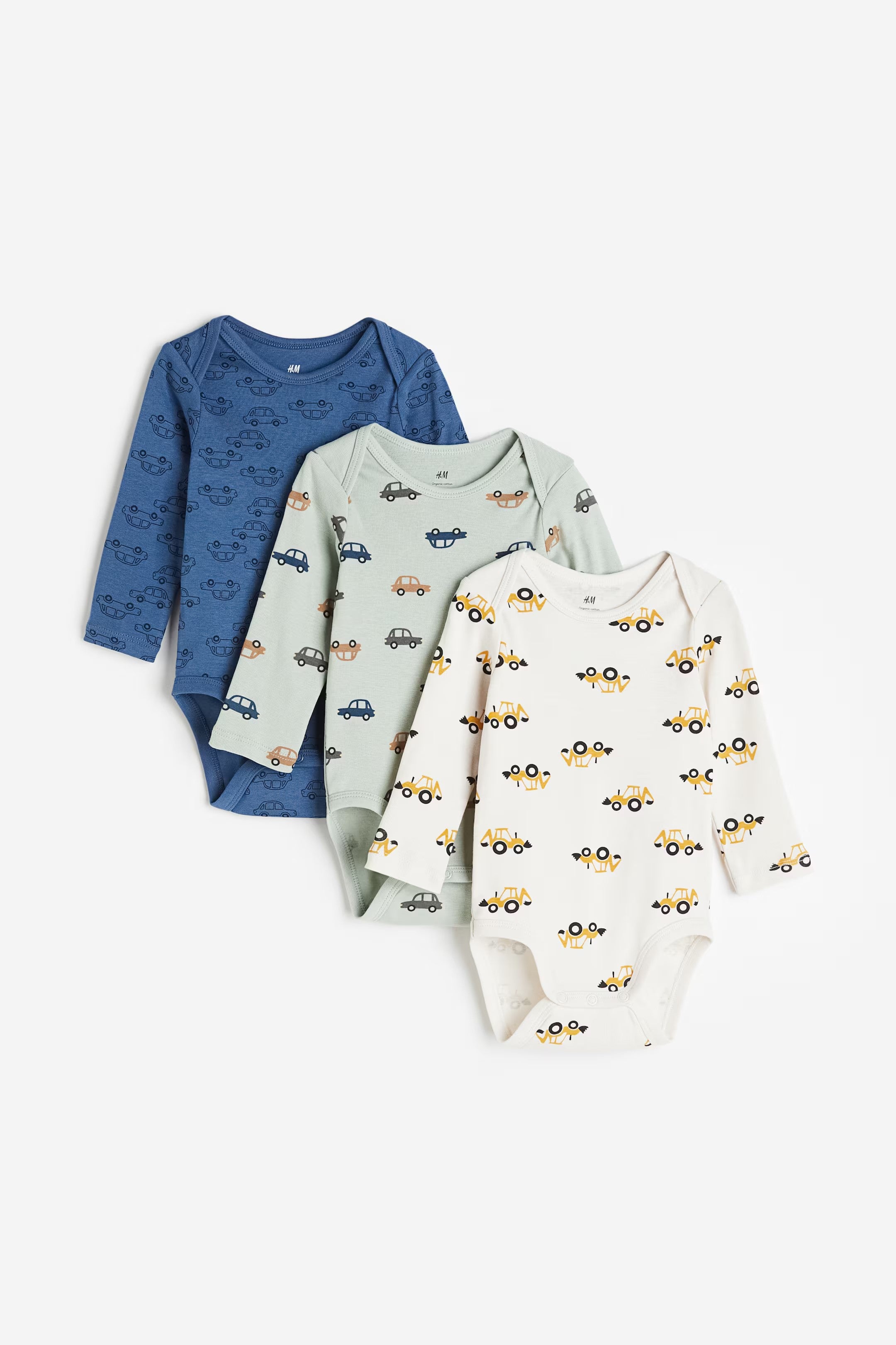 H&M - 3-pack long-sleeved bodysuits - Light green/Cars  - HM979