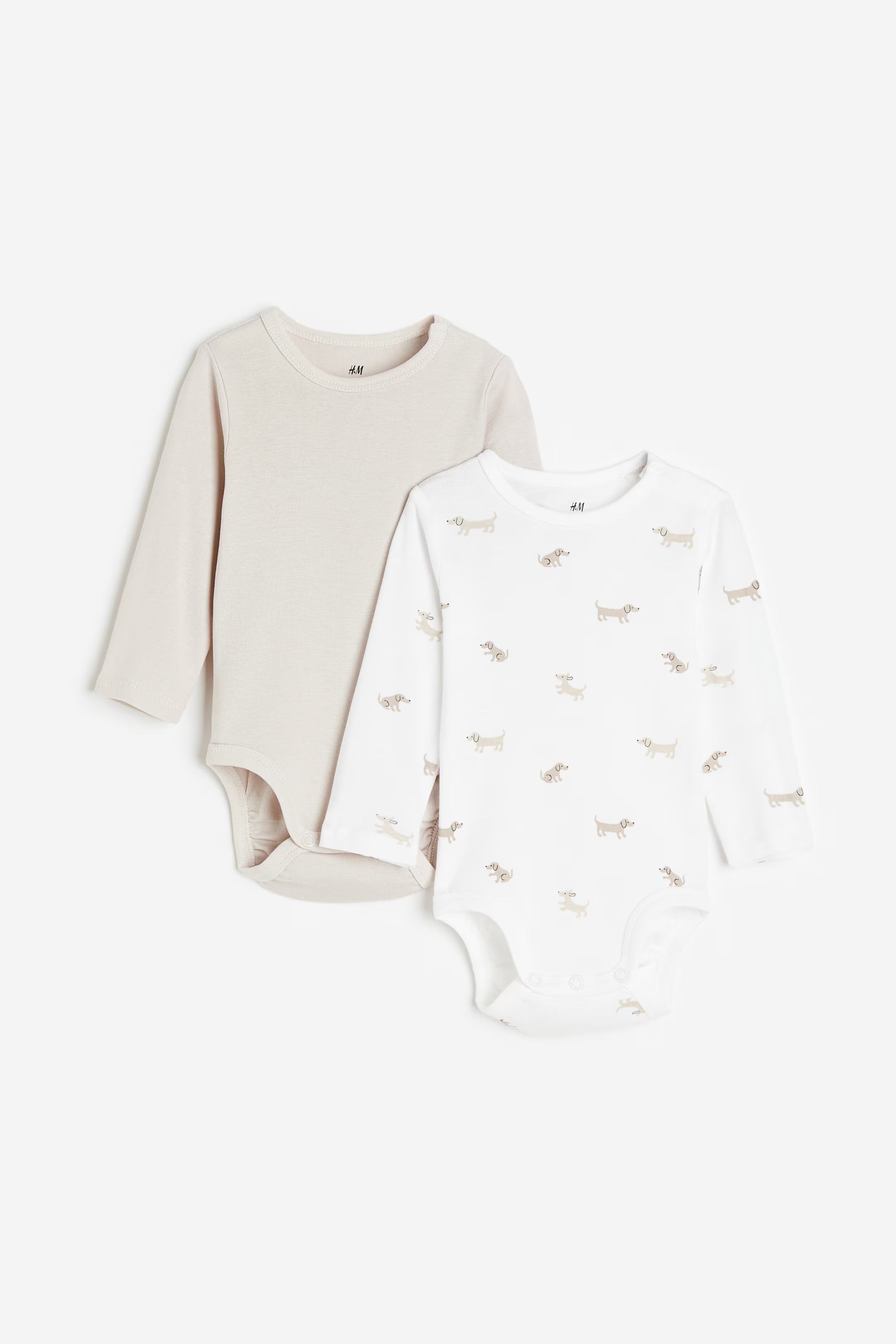 H&M - 2-pack Long-sleeved Bodysuits - White/dogs - HM982
