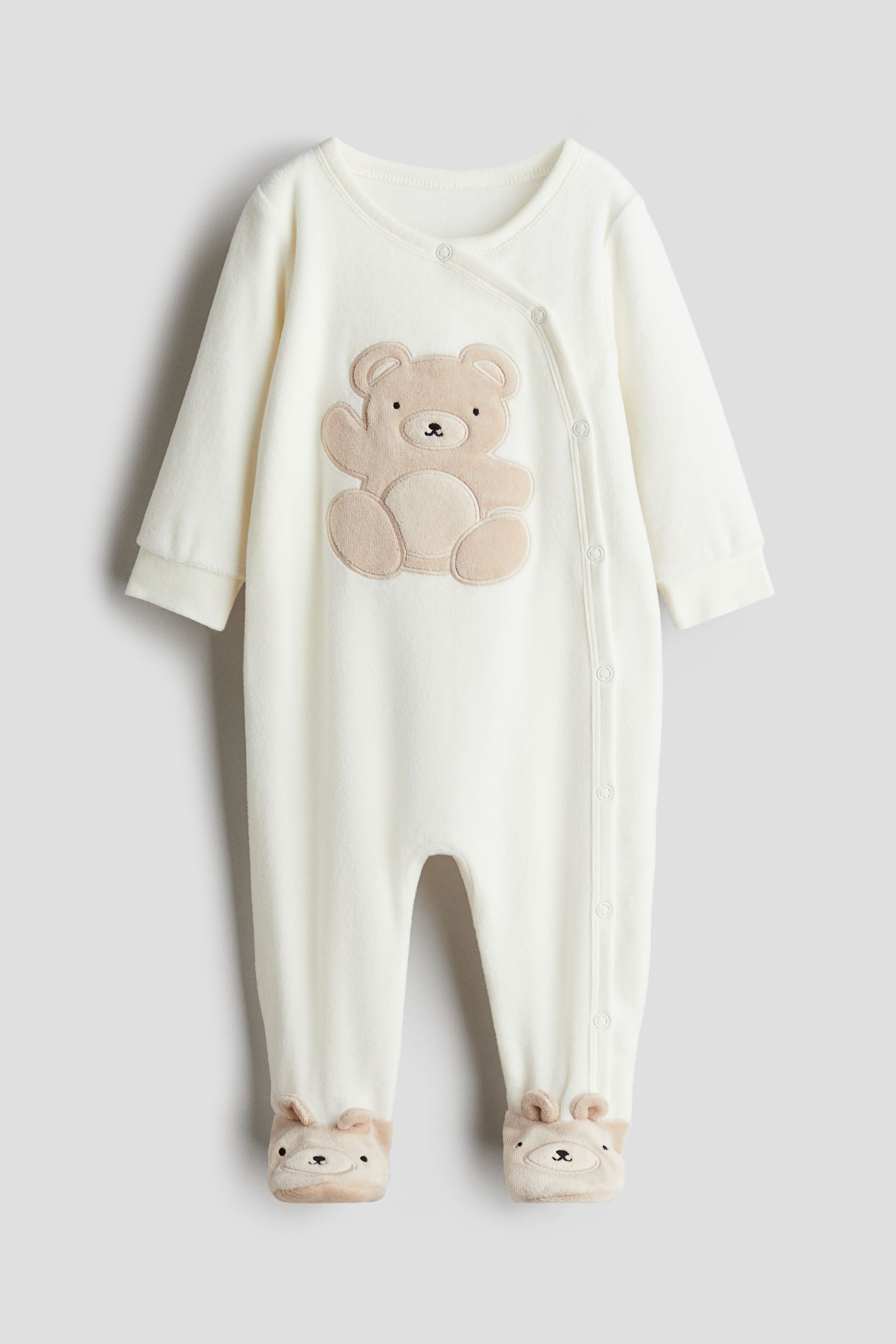 H&M - Velour sleepsuit with full feet - Natural white/Bears - HM987