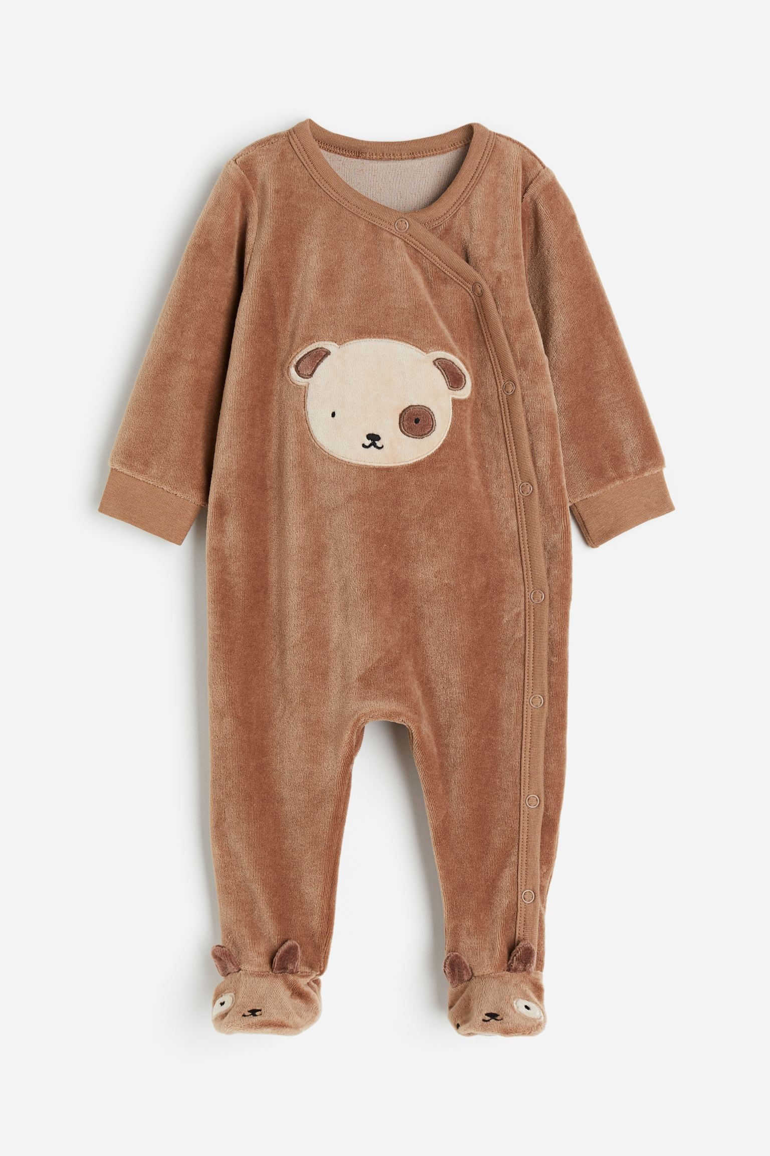 H&M - Velour sleepsuit with full feet - Dark beige/Dog  - HM988