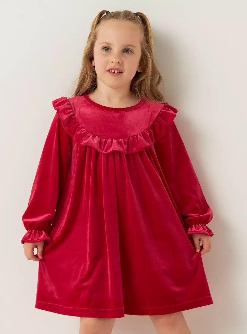 Max - Plain Velour Dress with Ruffles and Bell Sleeves - MAX006