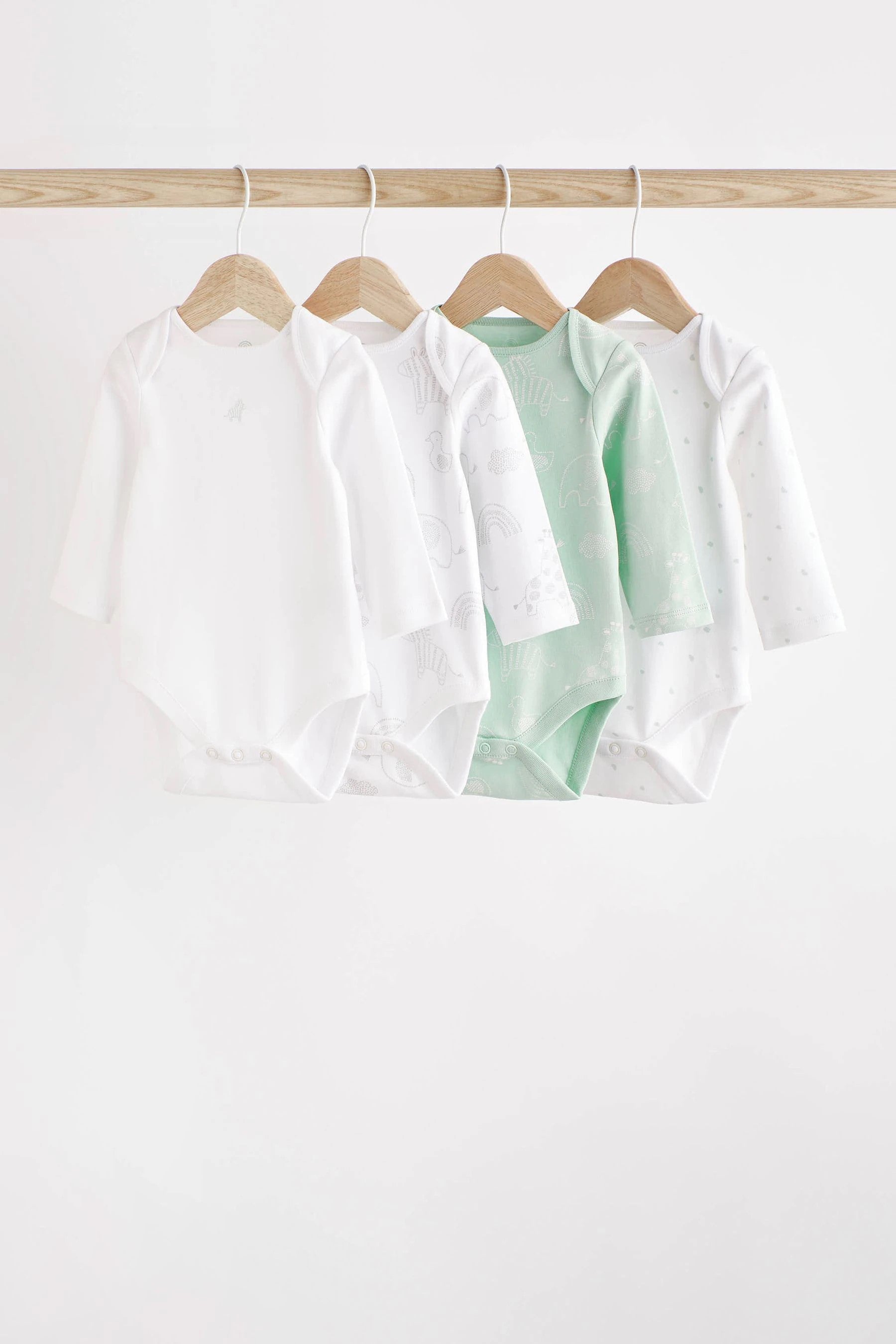 Next - 4 Pack Baby Printed Long Sleeve Bodysuits - Mint Green - NXT124