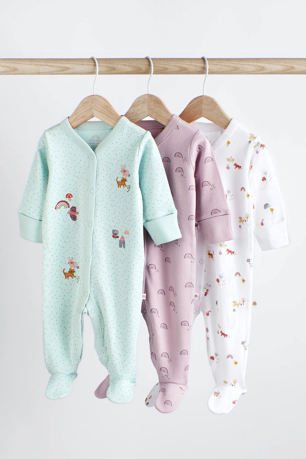 Next - Mint Green Cotton Baby Sleepsuits 3 Pack  - NXT217