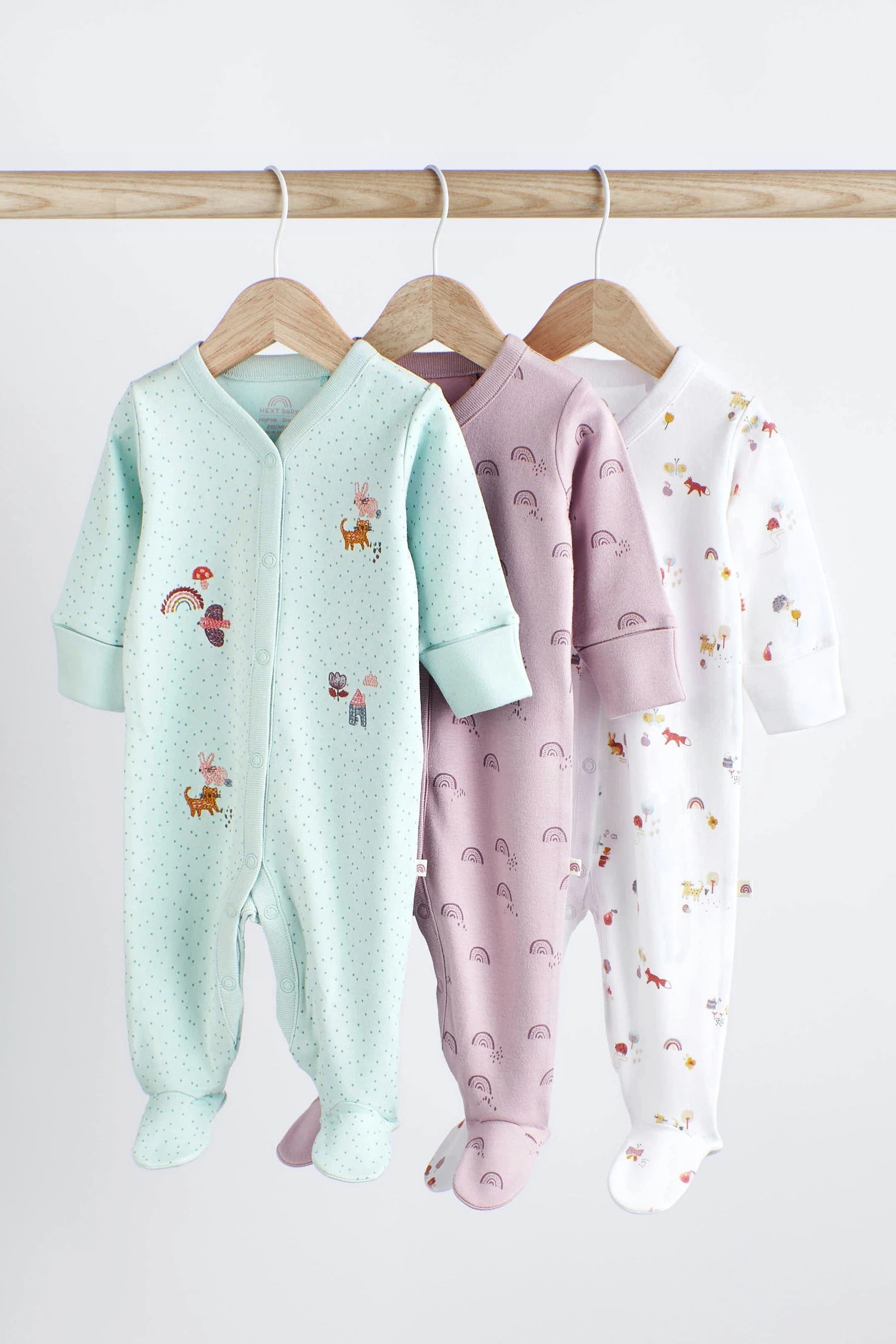Next - Mint Green Cotton Baby Sleepsuits 3 Pack  - NXT217