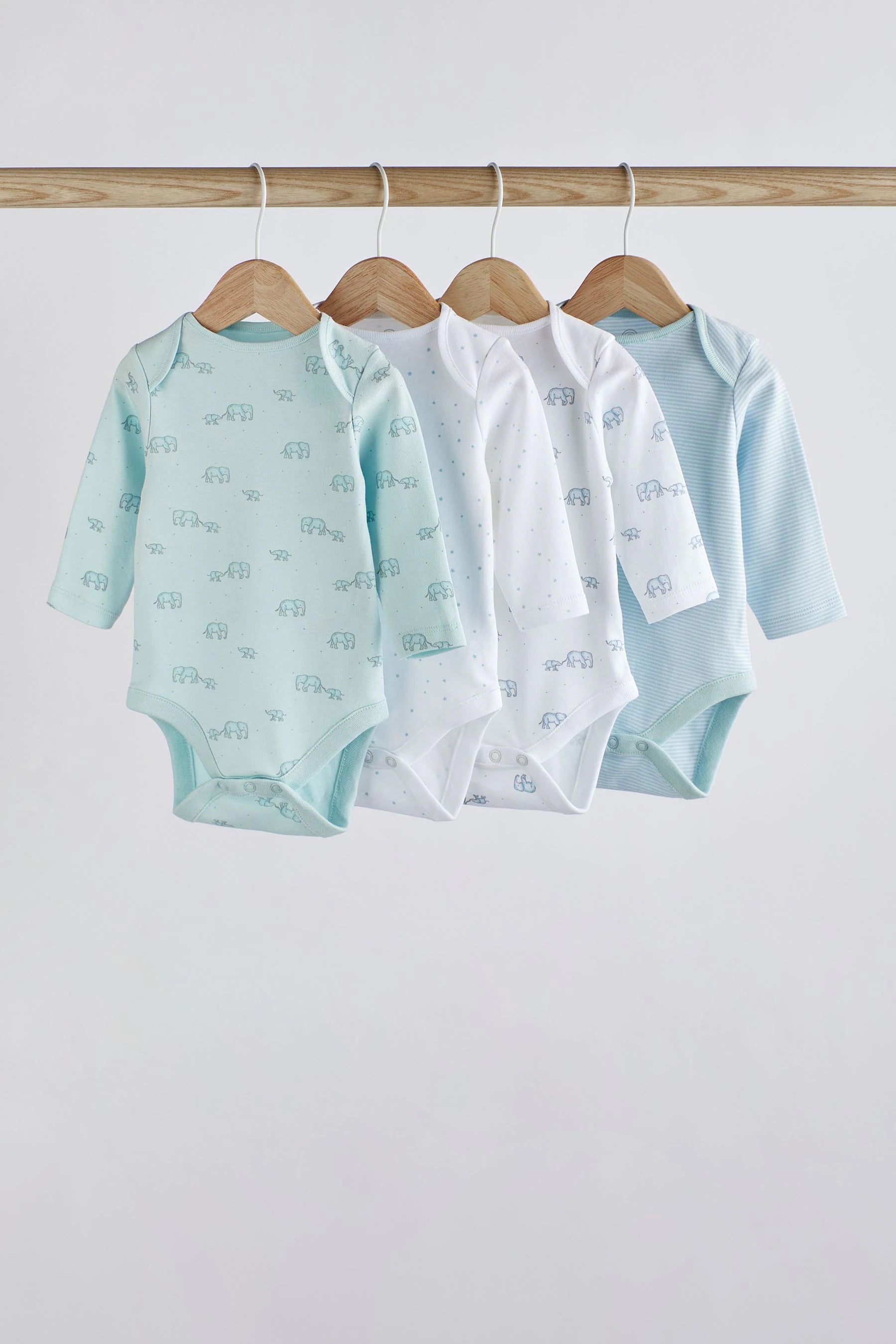 Next - Blue/White Elephant 4 Pack Baby Long Sleeve Bodysuits - NXT221